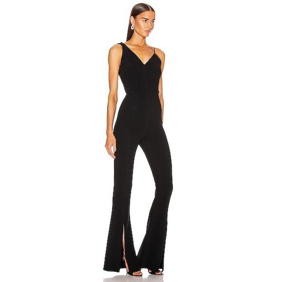 Cushnie Solid Black Sleeveless Plunging Split Flare Leg Jumpsuit Size 8 NWT - Picture 1 of 8